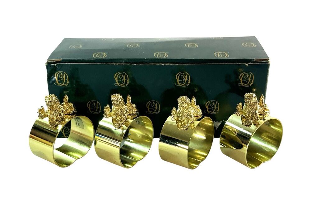 Dept 56 Foo Dog Chinese Guardian Lion Gold Napkin Rings Set of 4 w Box